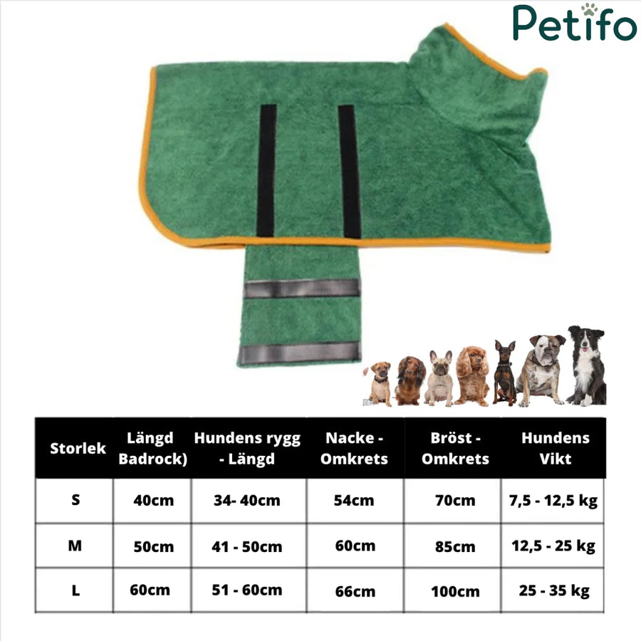 Guide des tailles pour la robe de séchage pour chien Petifo indiquant la longueur du dos, le tour de cou, le tour de poitrine et les limites de poids