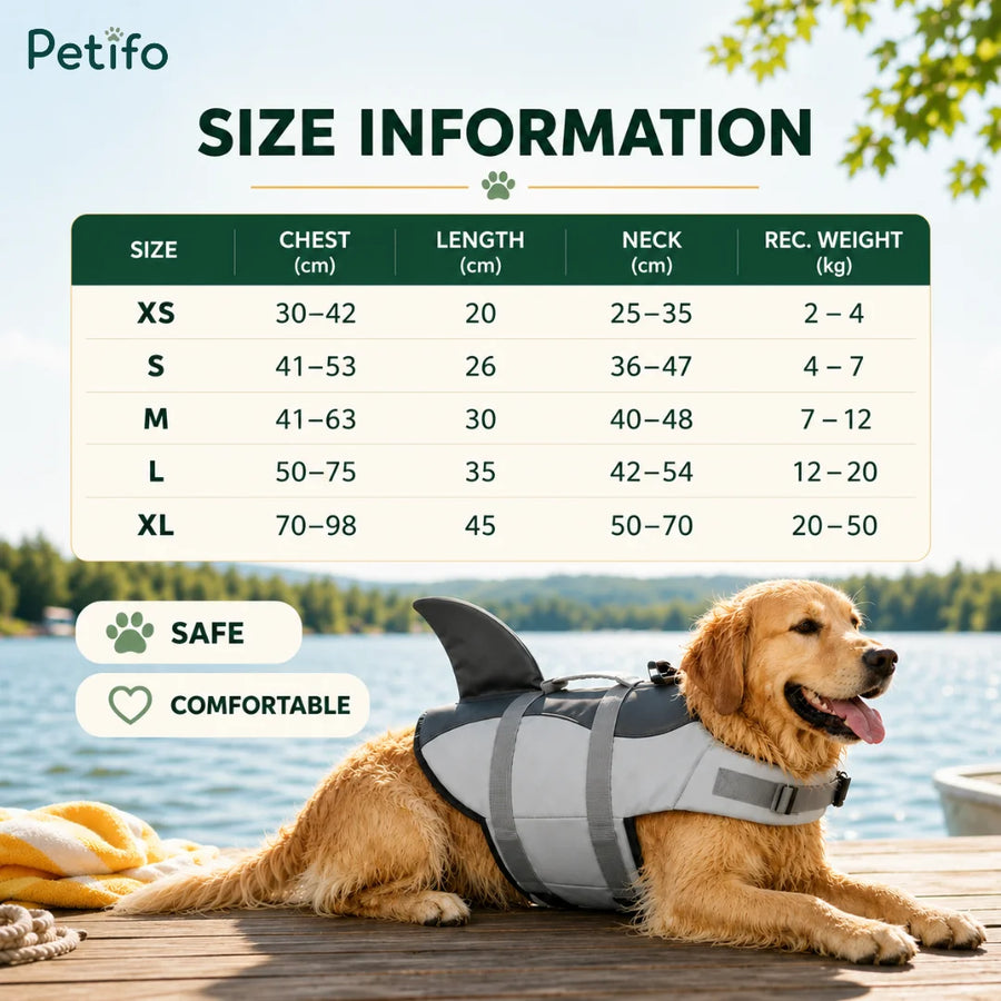 Infographie du guide des tailles des gilets de sauvetage pour chiens Petifo affichée à côté d’un Golden Retriever se reposant sur un ponton.