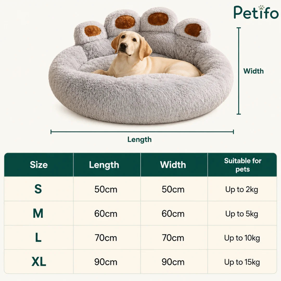 Size chart infographic for the plush paw dog bed with dimensions ranging from S to XL.