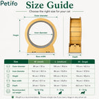 Cat exercise wheel size guide illustrating outer diameter, inner diameter, height, base width, and depth across M, L, and XL sizes.