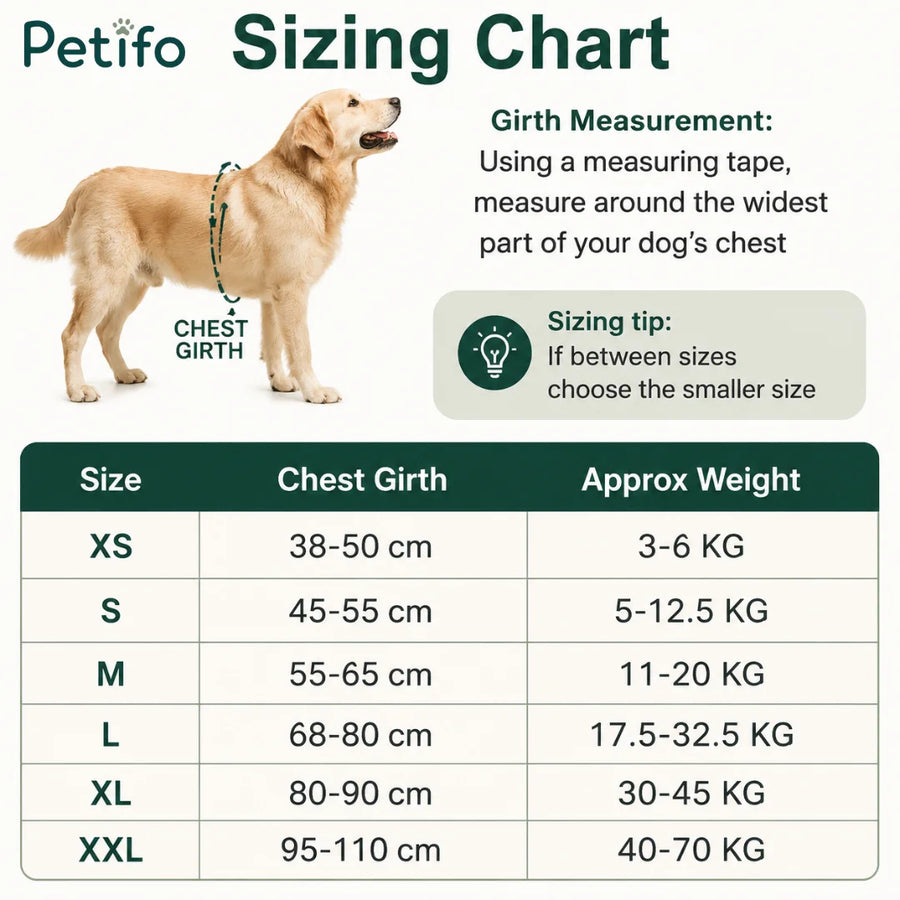 Tableau des tailles de harnais pour chien indiquant les mesures du tour de poitrine et les fourchettes de poids de XS à XXL.