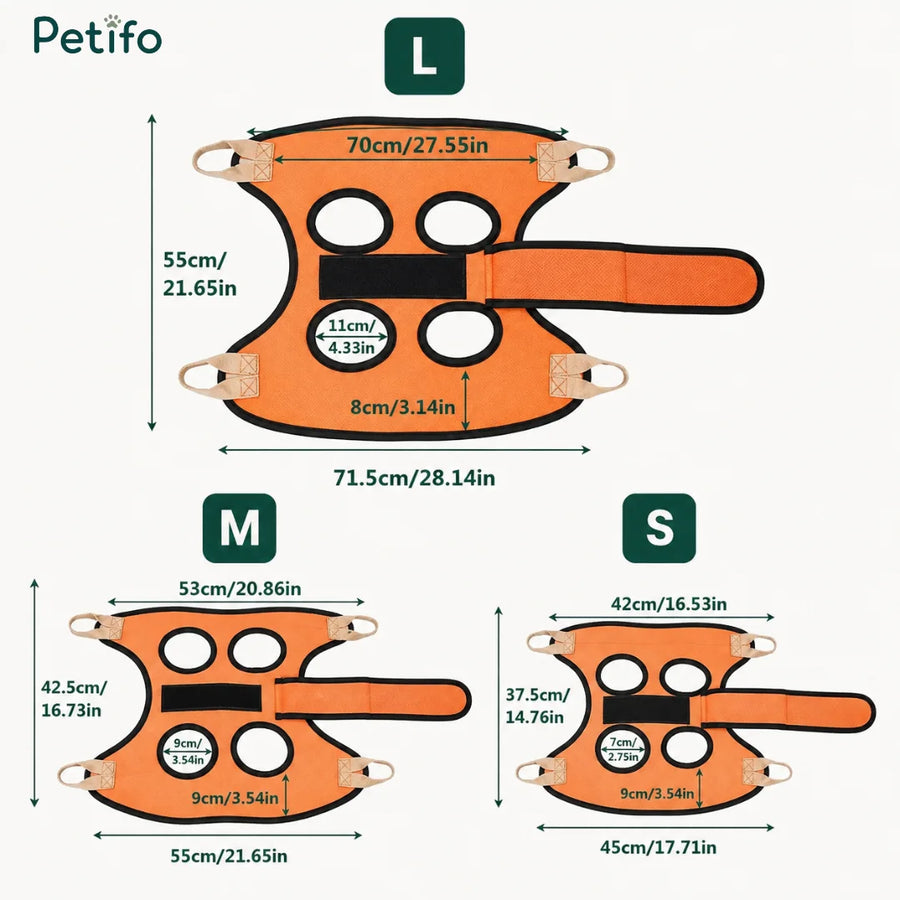 Schéma des dimensions du hamac de toilettage pour animaux Petifo indiquant les mesures exactes pour les tailles L, M et S.