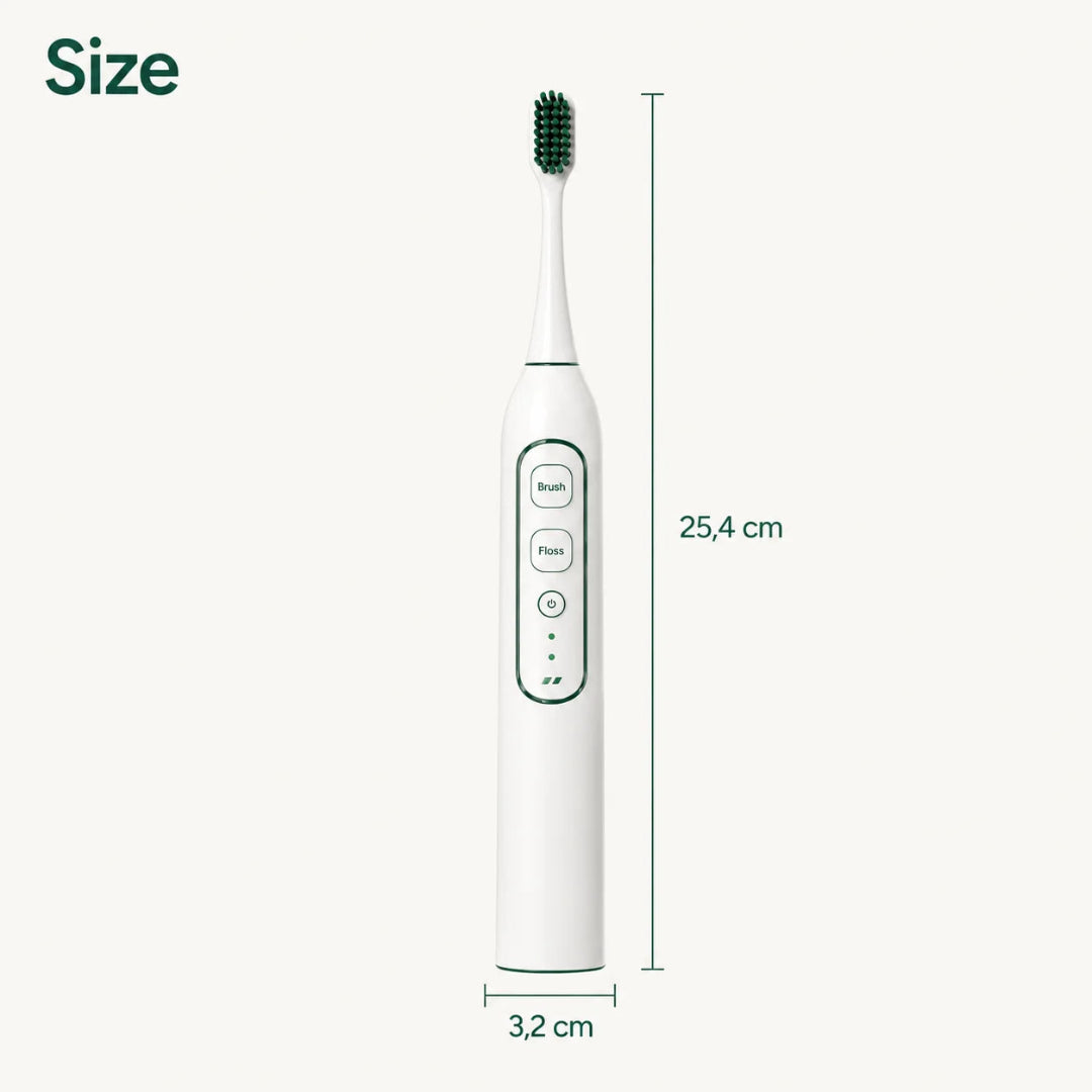 Smart electric pet toothbrush showing exact product dimensions with a height of 25.4 cm and width of 3.2 cm.