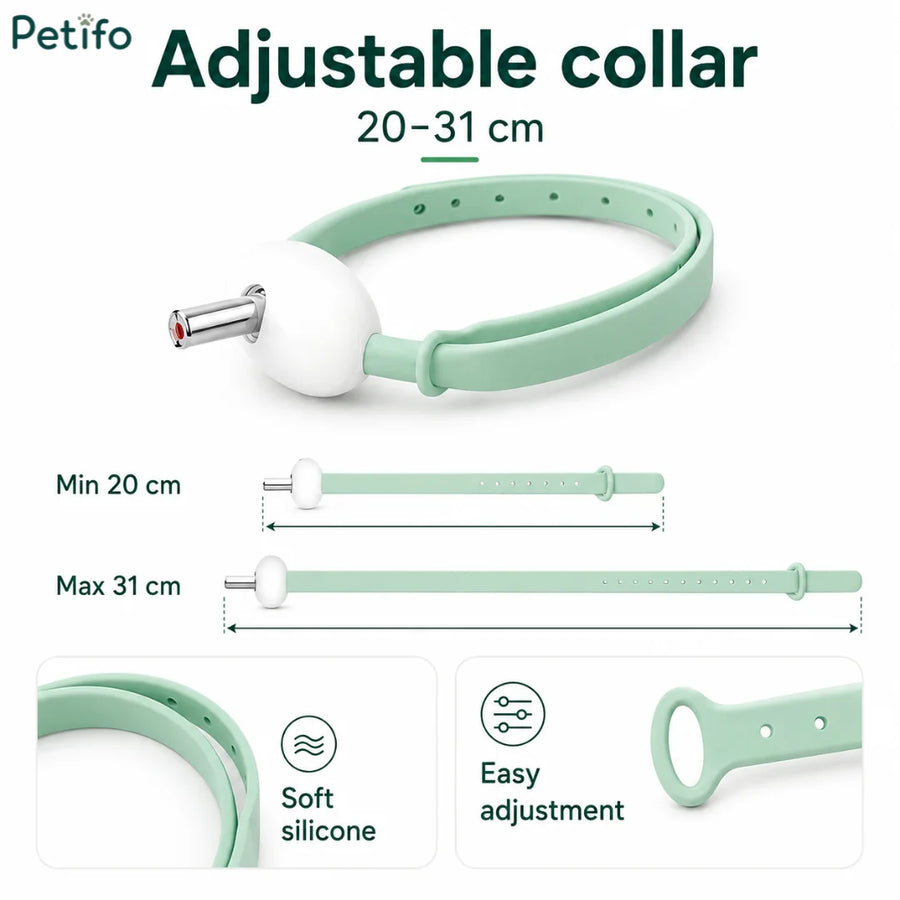 Guide des tailles du collier réglable Petifo indiquant une plage de 20 à 31 cm, un matériau en silicone souple et un mécanisme de réglage facile.