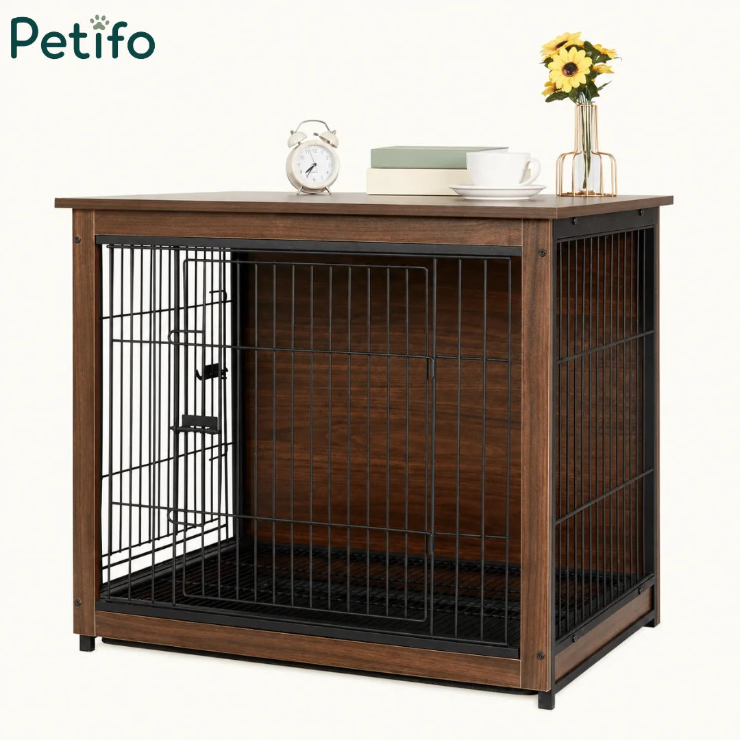 A standalone view of the Petifo wooden furniture-style dog crate, featuring a dark wood finish and sleek metal cage design.