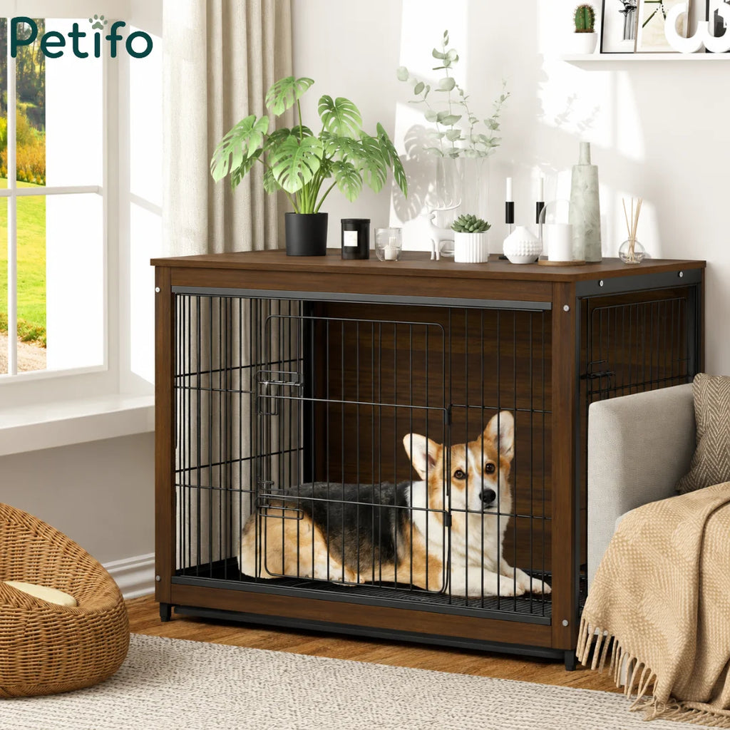 A stylish dark wood Petifo end table dog crate providing a comfortable indoor resting space for a Corgi.