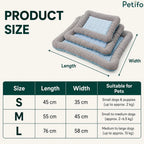 Product size and dimension chart showing length, width, and weight suitability for small, medium, and large pet beds.