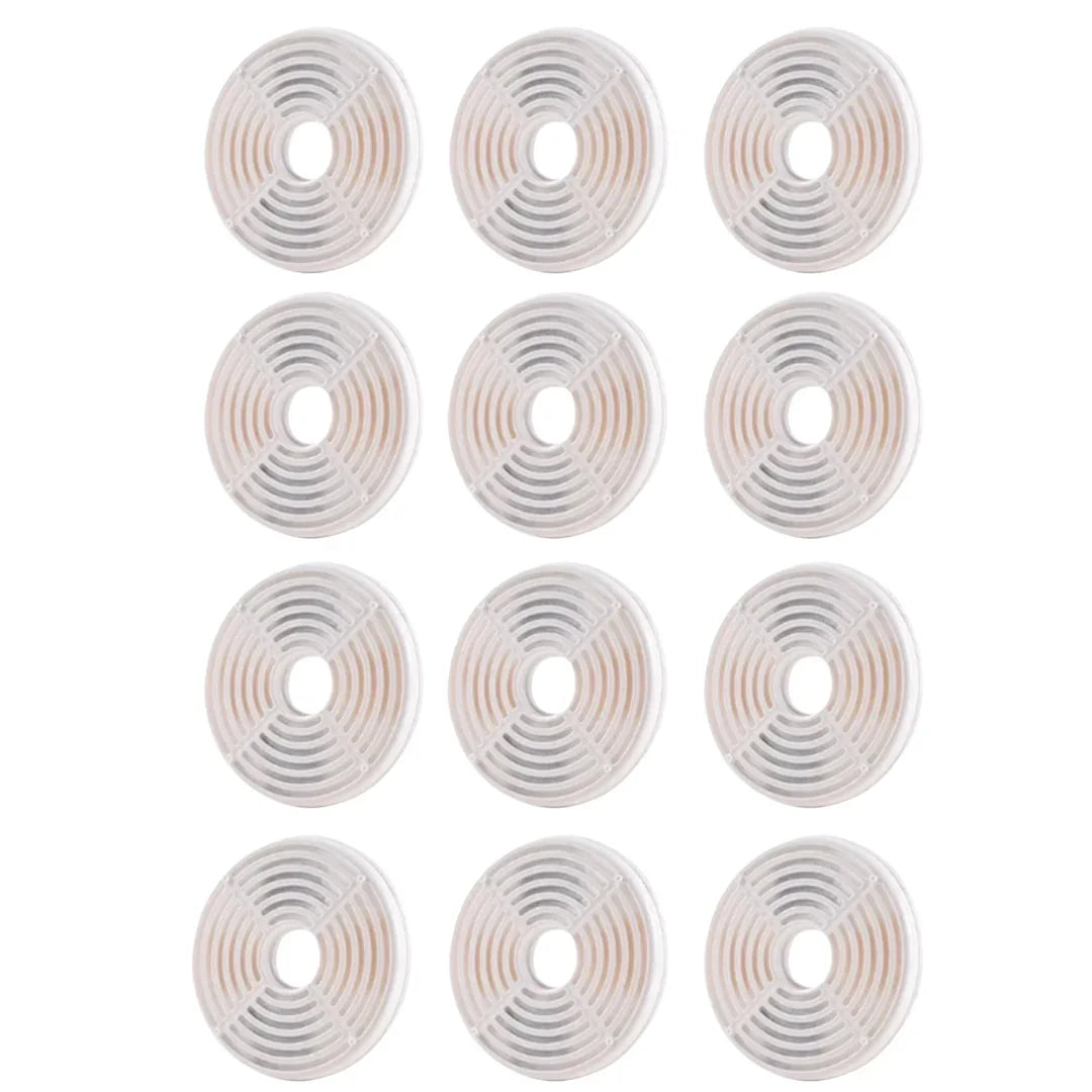 Bulk value pack of twelve round replacement filter cartridges for pet drinking fountains.