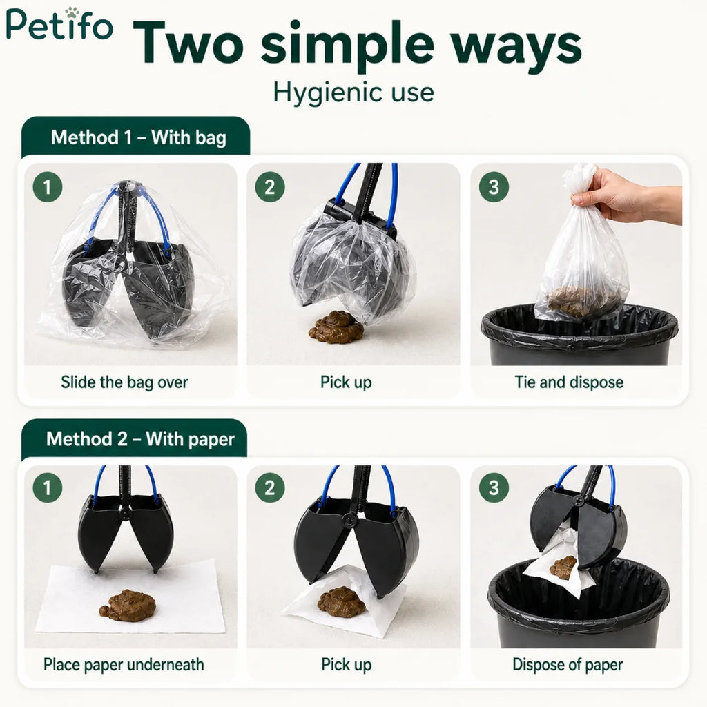 Step-by-step instructional guide illustrating two hygienic usage methods for picking up waste using either a plastic bag or paper.