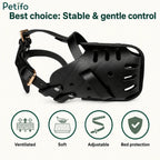Ventilated and soft black leather dog muzzle highlighting adjustable and bed protection features.