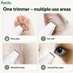 Four-panel display demonstrating versatile use areas of the trimmer including paw areas, ear hair, sensitive areas, and around the eyes.