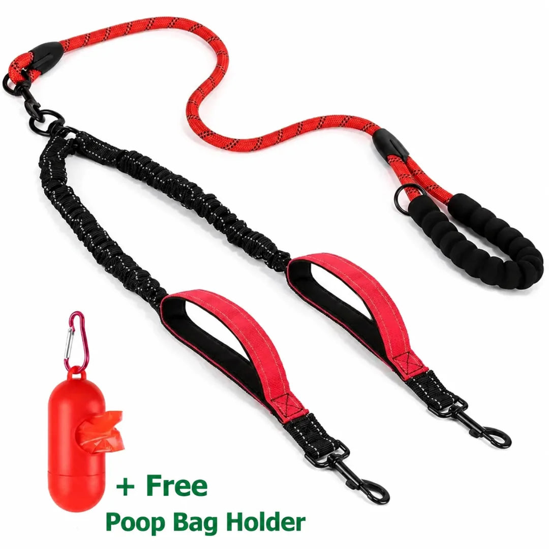 Vibrant red multi-dog leash featuring dual control handles and a complimentary red poop bag dispenser.