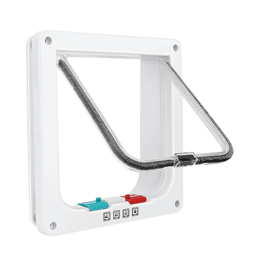 White 4-way locking cat flap door shown angled against a clean background with an open transparent swing panel.