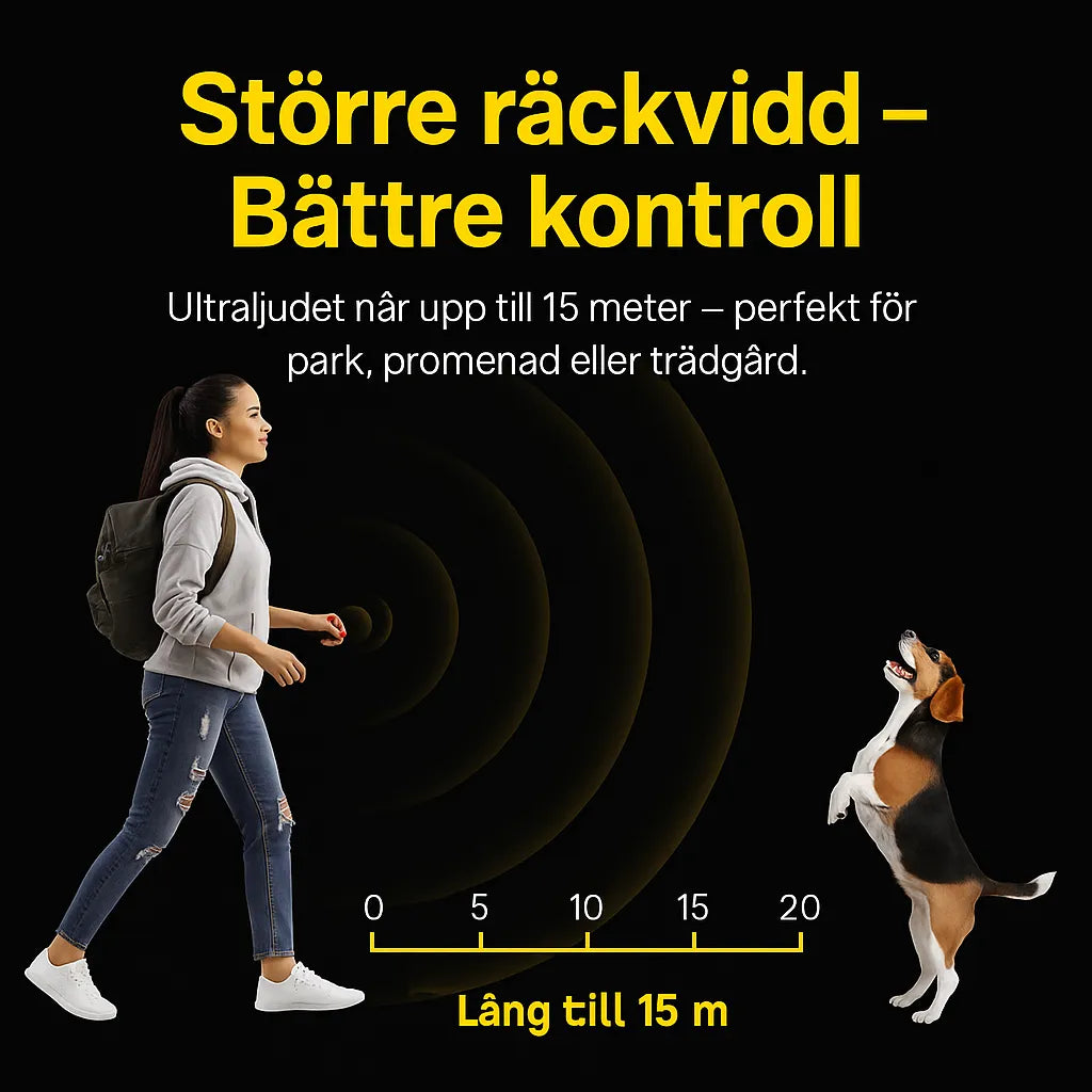 The anti-bark device works at up to 15 metres away – perfect for walks and time outdoors.