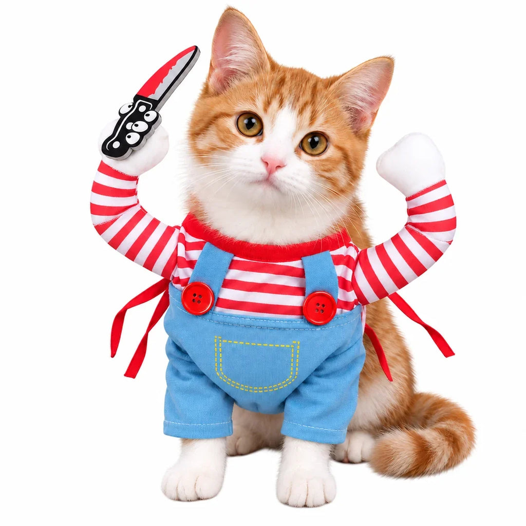 Creepy Doll Pet Costume worn by an orange-and-white cat