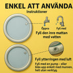 Swedish instruction image showing how to fill a water mat: fill the inner mat with water from the tap and inflate the outer ring with your mouth or a pump – easy to use for summer play or pets.