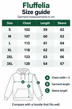Fluffelia size guide S–3XL: garment chest, length and sleeve measurements in cm.