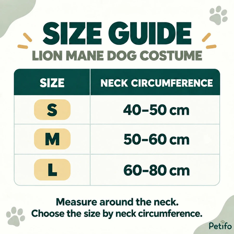 Guide des tailles du costume pour chien Lion Mane : S 40–50 cm, M 50–60 cm et L 60–80 cm de tour de cou - Petifo