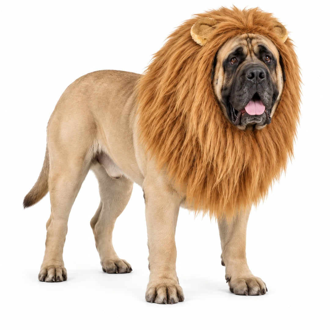 Large lion mane dog costume worn by a Mastiff on white - Petifo