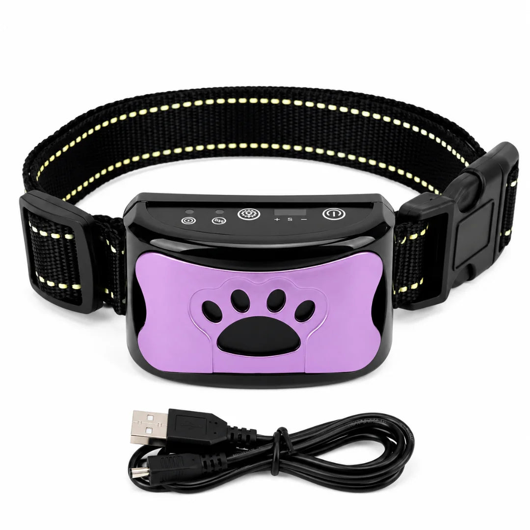 A black anti-bark collar featuring a purple paw-print faceplate alongside a USB charging cable.