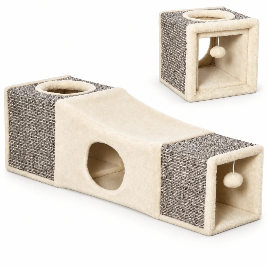 PawHut 2-in-1 Cat Tunnel shown assembled with removable cave - Petifo
