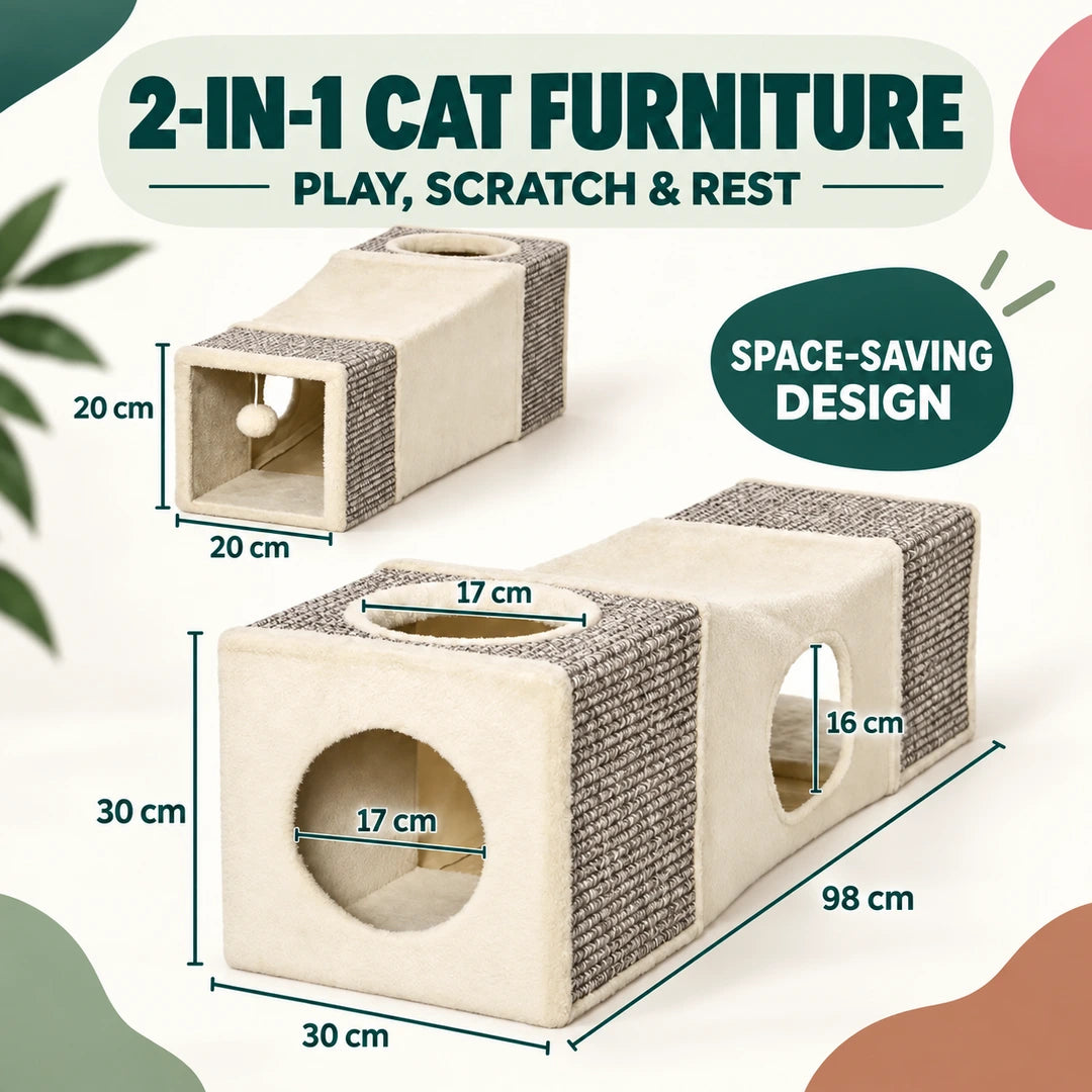PawHut 2-in-1 Cat Tunnel size guide with 98 by 30 by 30 centimetre dimensions - Petifo