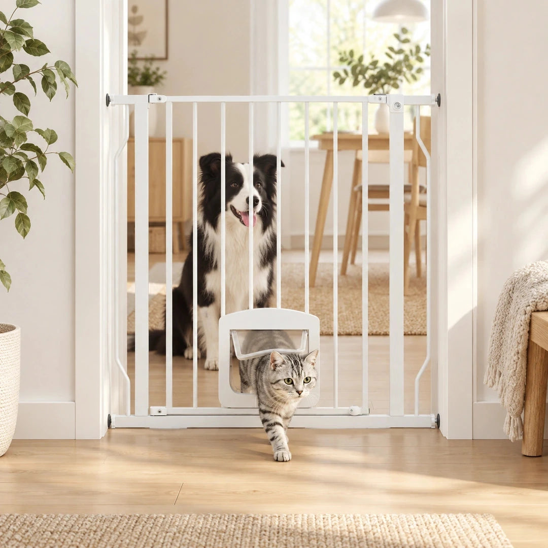 PawHut dog gate at a doorway with a dog behind it and a cat passing through - Petifo