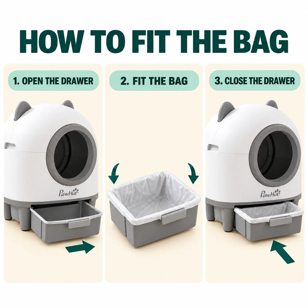 Three steps for fitting a PawHut waste bag into the litter box drawer - Petifo