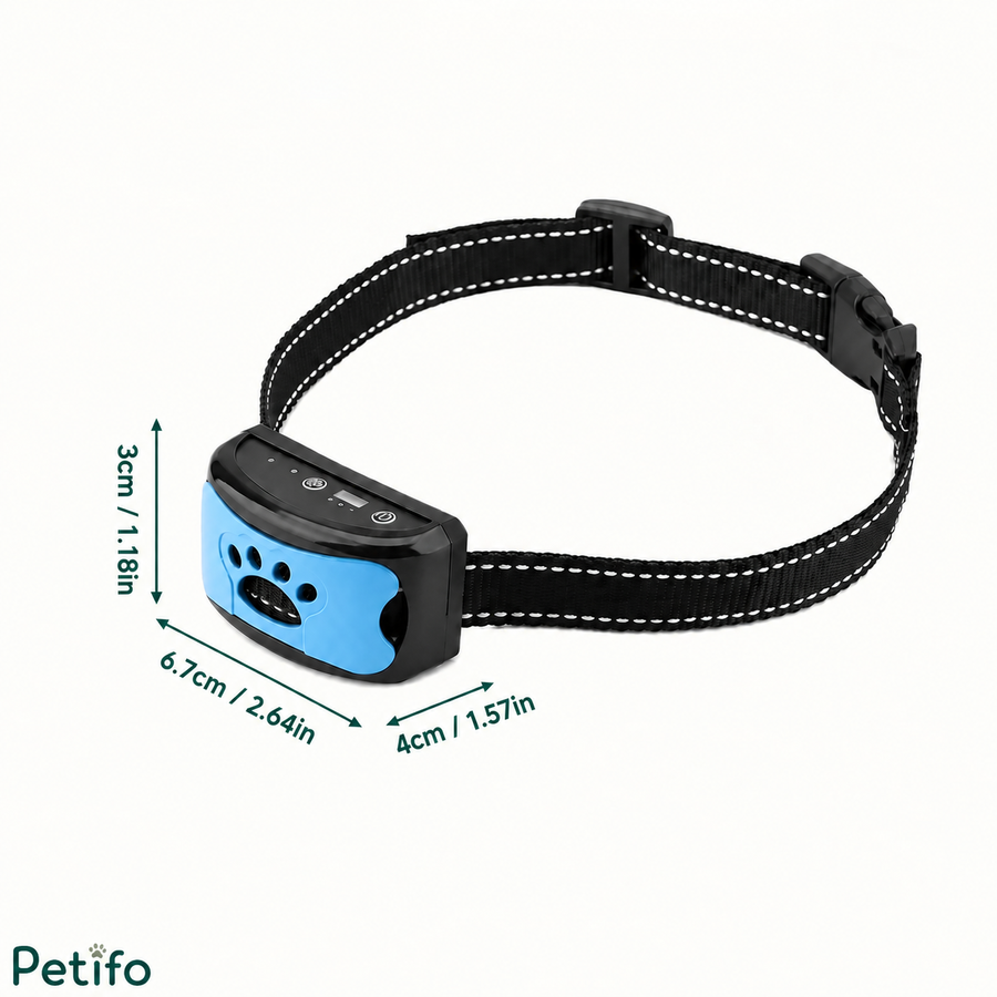 Infographie des tailles détaillant les dimensions physiques et le tour de cou réglable du collier de dressage.