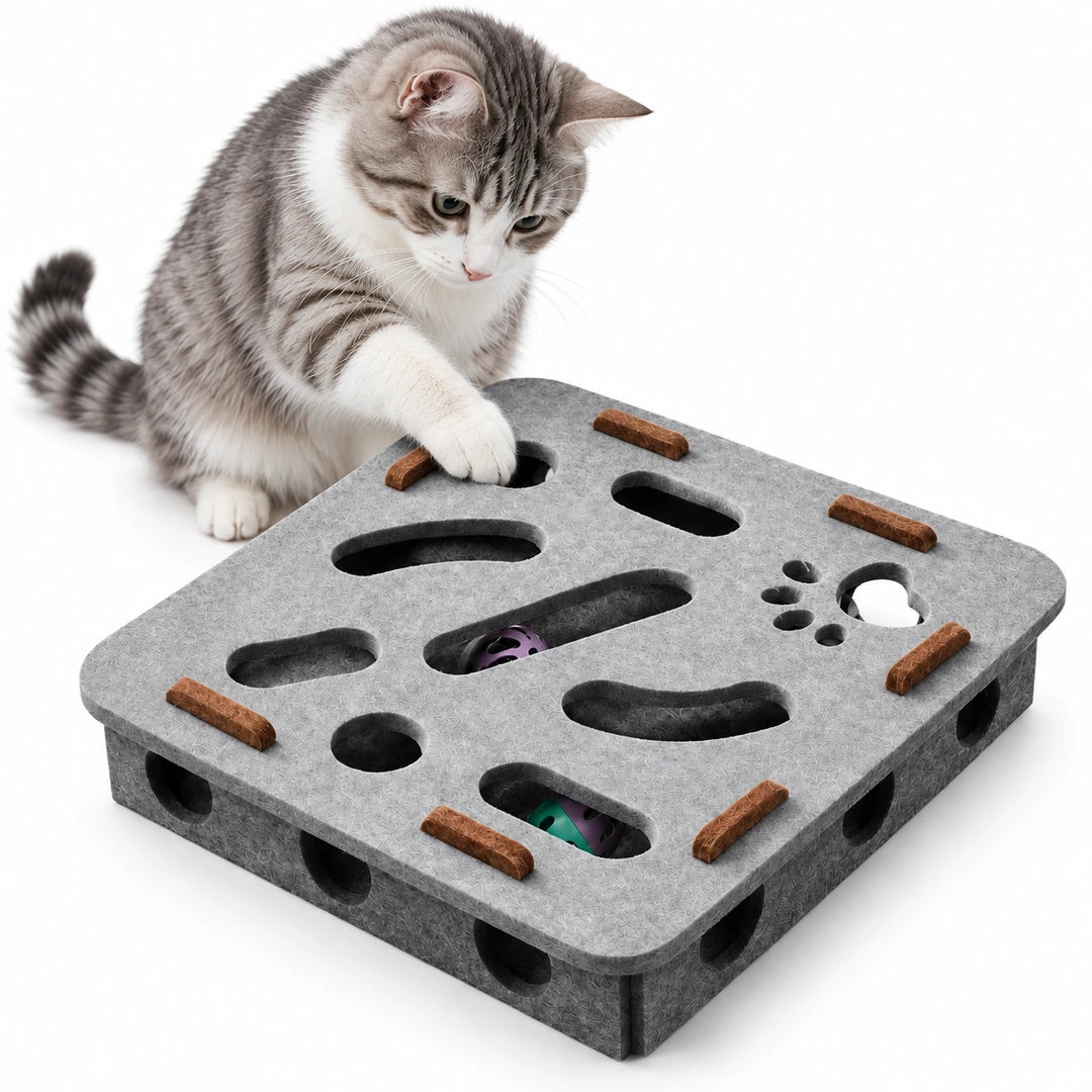 Puzzle pour chat en feutre Purrnivo gris avec un chat qui tend la patte vers la balle à grelot cachée - Petifo