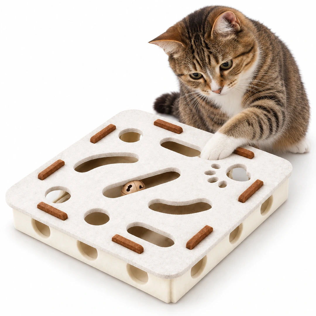 Puzzle pour chat en feutre Purrnivo blanc avec un chat qui tend la patte vers la balle à grelot cachée - Petifo