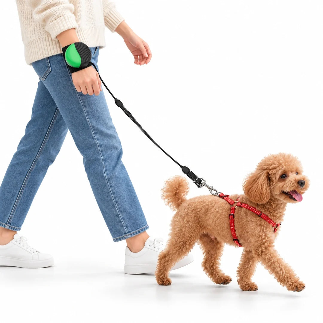 Green wrist-mounted retractable dog lead in use – Petifo