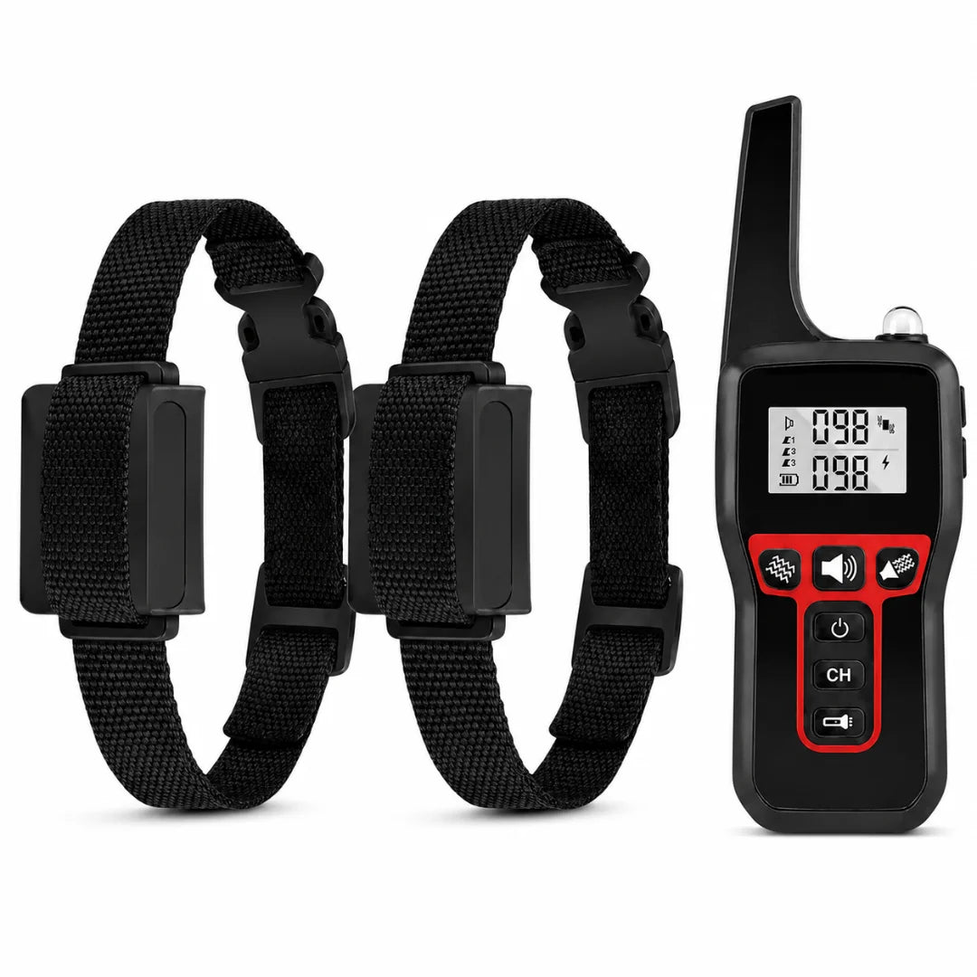 Two black anti-bark dog training collars displayed alongside a remote control with a digital screen.